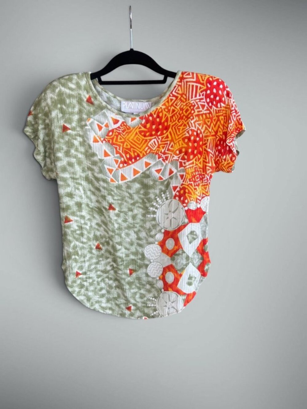 Platinum by Dorothy Schoelen Vintage 90s Mismatched Patchwork Top Green Orange